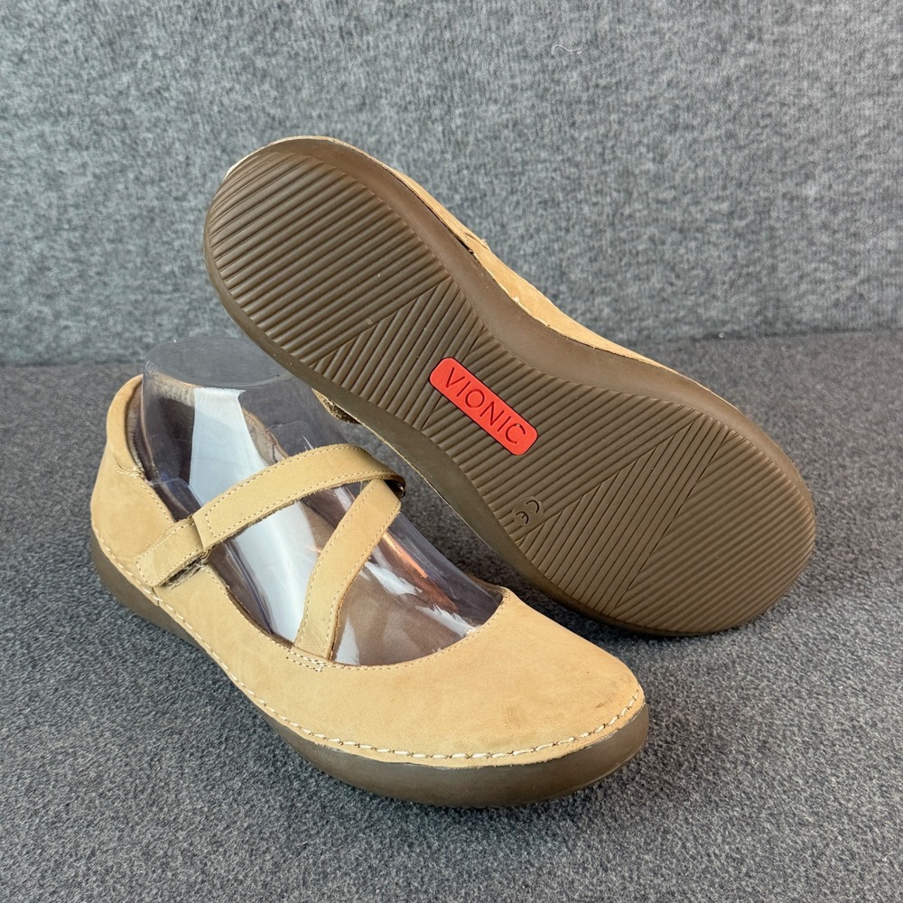 Vionic Judith Tan Suede Mary Jane Flats Size 8 Orthotic Comfort Shoes